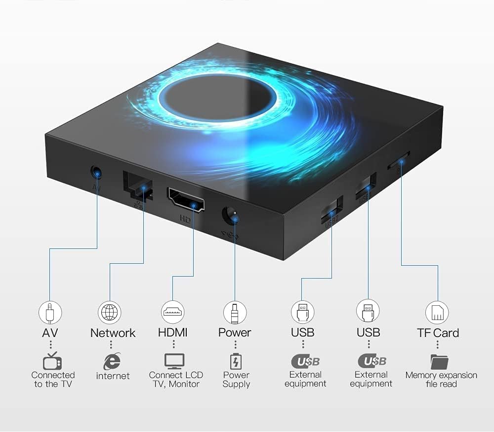 Android TV Box 10.0, Android Box with Allwinner H616 Quad-Core 64bit ARM Corter-A53 CPU Mali G31 MP2 GPU 2GB RAM 16GB ROM 6K 4K Output 2.4/5.0GHz Dual WiFi 100M LAN Enternet BT5.0