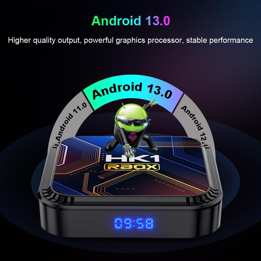 Android 13.0 TV Box, Android Box with 3D 8K 4GB RAM 32GB ROM RK3528 Quad-Core ARM Cortex A53 Mali-450, Builtin 2.4GHz/5.0GHz Dual WiFi Bluetooth 4.0, Support H.265 Ultra HD/HDMI 2.0/USB 2.0 3.0