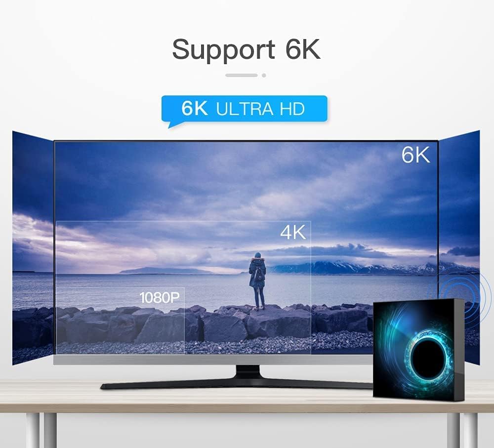 Android TV Box 10.0, Android Box with Allwinner H616 Quad-Core 64bit ARM Corter-A53 CPU Mali G31 MP2 GPU 2GB RAM 16GB ROM 6K 4K Output 2.4/5.0GHz Dual WiFi 100M LAN Enternet BT5.0