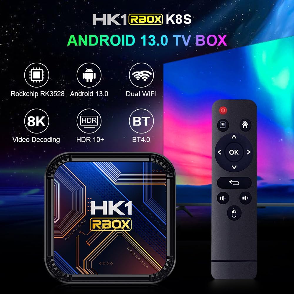 Android 13.0 TV Box, Android Box with 3D 8K 4GB RAM 32GB ROM RK3528 Quad-Core ARM Cortex A53 Mali-450, Builtin 2.4GHz/5.0GHz Dual WiFi Bluetooth 4.0, Support H.265 Ultra HD/HDMI 2.0/USB 2.0 3.0