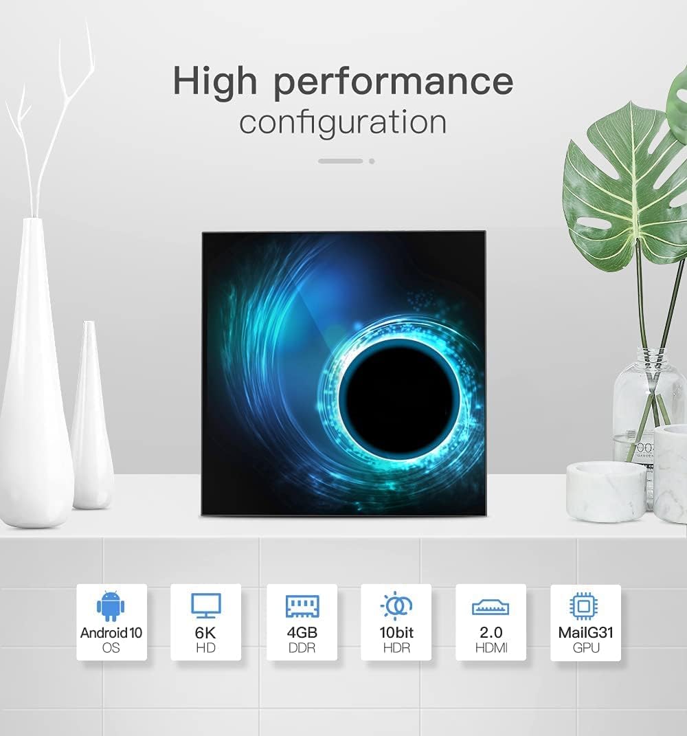Android TV Box 10.0, Android Box with Allwinner H616 Quad-Core 64bit ARM Corter-A53 CPU Mali G31 MP2 GPU 2GB RAM 16GB ROM 6K 4K Output 2.4/5.0GHz Dual WiFi 100M LAN Enternet BT5.0