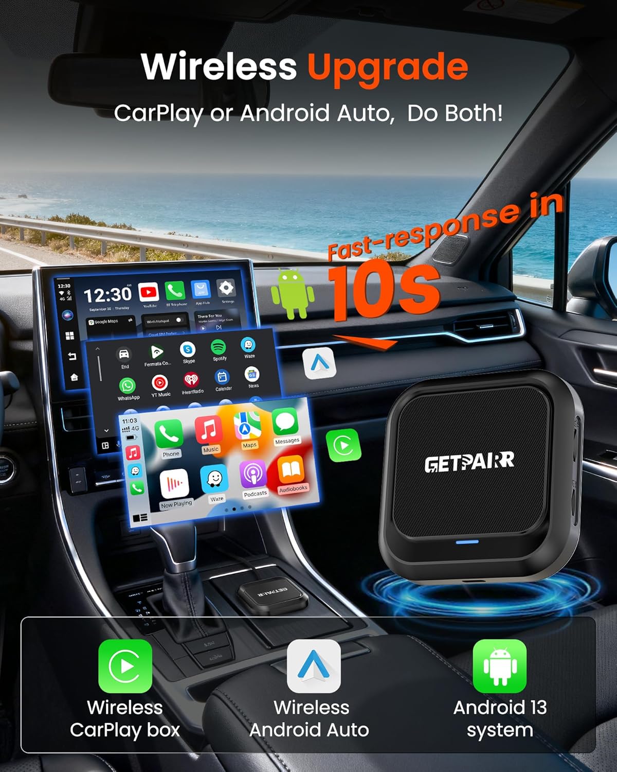 Magic Ai Box 3.0– Wireless CarPlay &Android Auto Adapter, Android 13 Car Video Box Run Any APP with Dual Bluetooth, Dual WiFi + 8 Core CPU, 4K Streaming Video, GPS, Supports 256GB TF Card,etc
