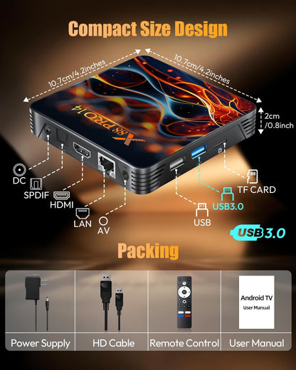 Android 14.0 TV Box 2025, Android Box 2GB 16GB Storage with RK3518 Quad-core CPU 4K 6K TV Box Support 8K WiFi 6 2.4G/5.8G Dual-Band WiFi HDR10+ 100M Ethernet Bluetooth 5.0 USB 3.0 Smart Box for TV