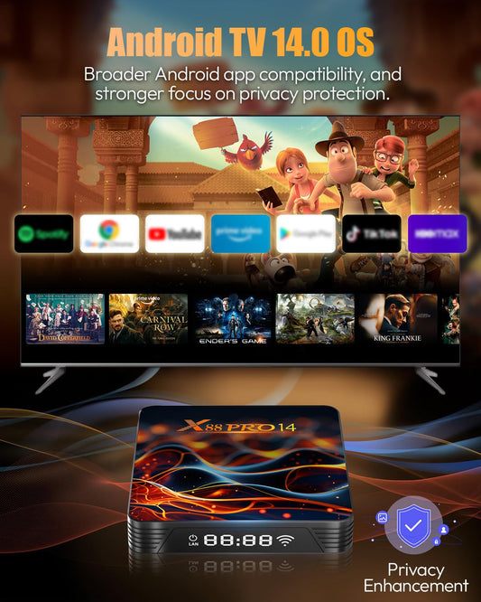 Android 14.0 TV Box 2025, Android Box 2GB 16GB Storage with RK3518 Quad-core CPU 4K 6K TV Box Support 8K WiFi 6 2.4G/5.8G Dual-Band WiFi HDR10+ 100M Ethernet Bluetooth 5.0 USB 3.0 Smart Box for TV